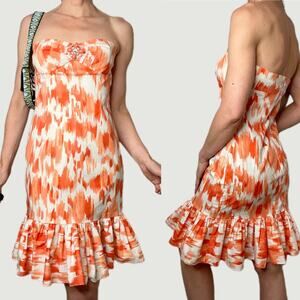 Cache strapless coral orange abstract print mini dress ruffle hem Y2K vintage 4